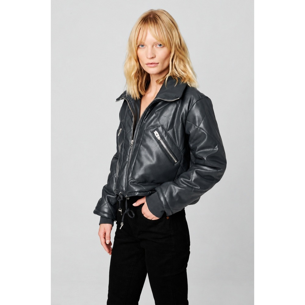 BLANKNYC Quilted Puffer Jacket Grey M Vegan Leather Crop Bomber Moto Streetwear